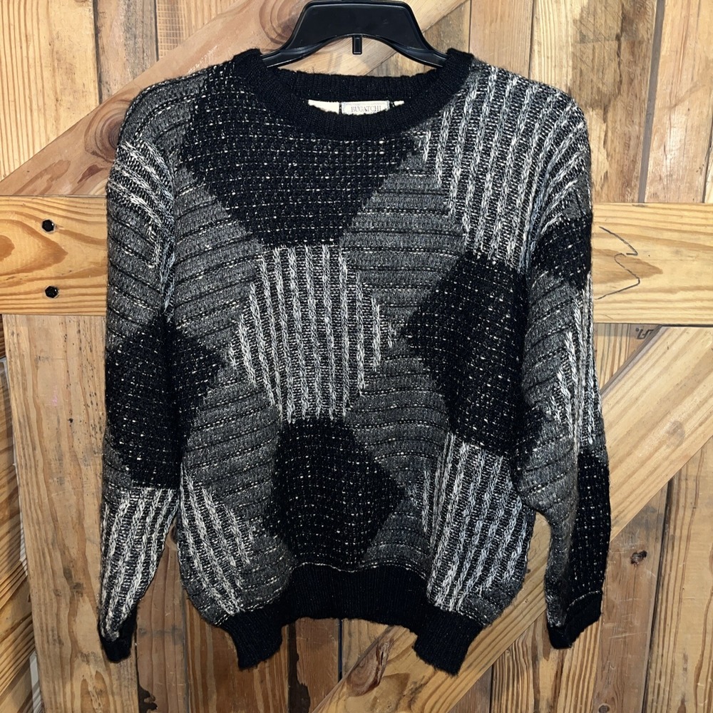 VINTAGE BUGATCHI‎ Sweater Men Medium Black Preppy Geometric Knit Preppy 90s